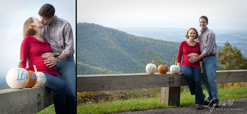 Pregnant couple with pumpkins and Blue Ridge Mountains