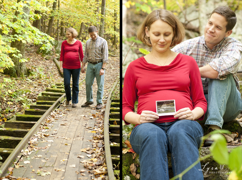 Pregnant couple walks in woods and poses with ultrasound